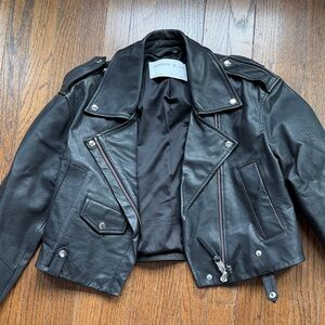 Shoreditch Ski Club Black Leather Moto Jacket with Asymmetrical Zip